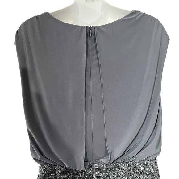 Adrianna Papell Metallic Grey Blue Cowl Neck Embroidered Skirt Cocktail Dress - Picture 6 of 8